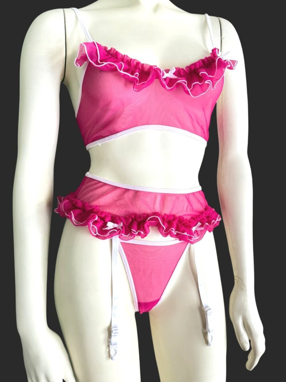 size OS pink 3 pc Fantasy Lingerie teddy set boudoir hot pink ruffles